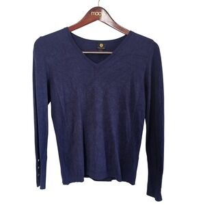 JM Collection Womens Navy Blue V-Neck‎ Sweater Gold Button Cuff Ribbed Size S